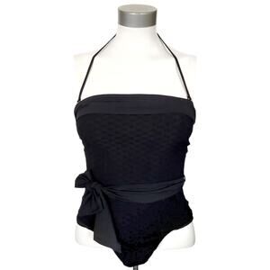 AMAIO Solene belted jacquard maillot one piece textured black luxe swimsuit Sz S